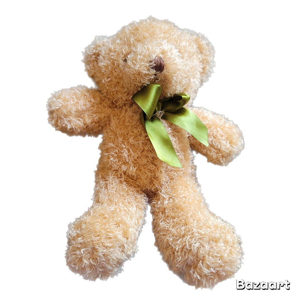 Pluffins Bear Plush Brown  Shaggy Stuffed Animal Green Bow
